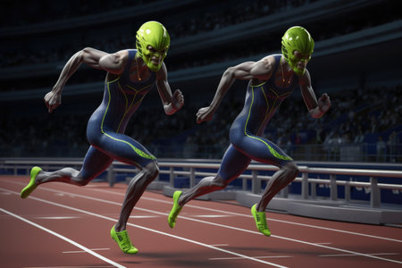 two alien athletes racing down a track, their long limbs pumping, created with generative aiの素材