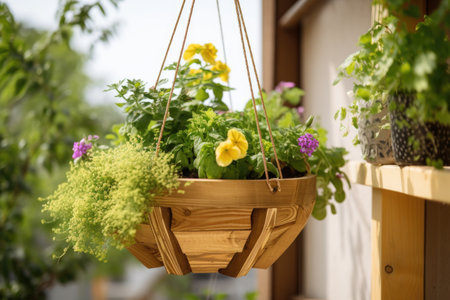 diy garden project with a hanging basket, planter, and greenery, created with generative aiの素材
