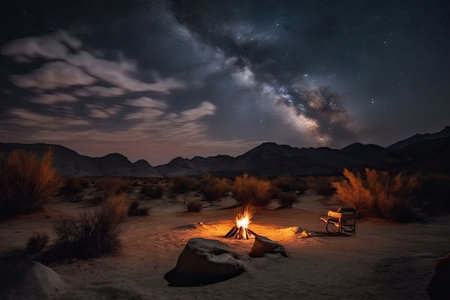 cozy campsite under starry night sky in desert, created with generative aiの素材