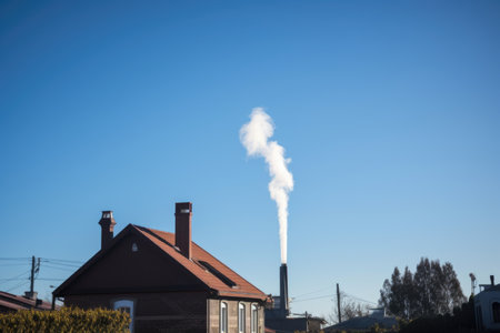 a clear blue sky with chimney smoke rising from a house in the distance, created with generative aiの素材