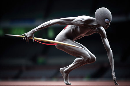 alien athlete throwing javelin, with the flight and landing beautifully captured in slow motion, created with generative aiの素材