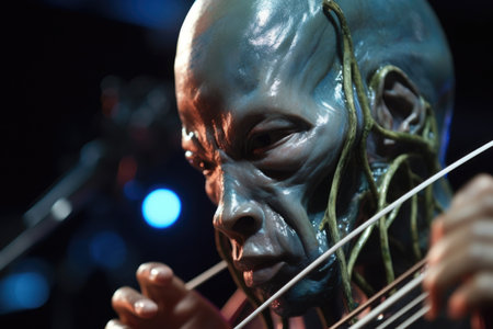 close-up of alien musicians face, with expressions ranging from intense concentration to joy and passion, created with generative aiの素材