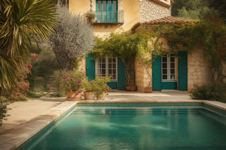 mediterrnean house exterior with garden and swimming pool, close-up, created with generative aiの素材