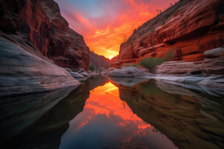 majestic canyon with fiery sunset, reflecting off the water and rocks, created with generative aiの素材