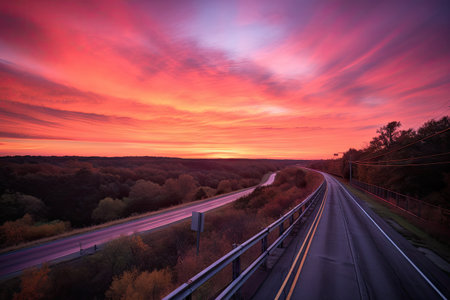 scenic highway with view of the sunrise, with pink and orange hues in the sky, created with generative aiの素材