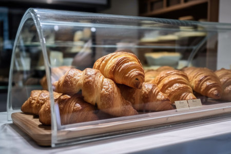 homemade croissants, neatly displayed in a glass case for customers to purchase, created with generative aiの素材
