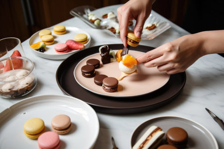 stylist arranging slices of pie, cookies, and macarons on plate for the perfect dessert shot, created with generative aiの素材
