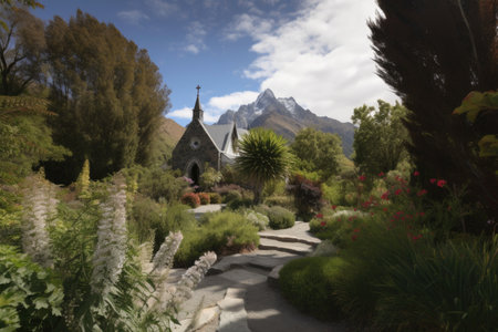 garden of the chapel, with towering peaks and clear skies visible in the background, created with generative aiの素材