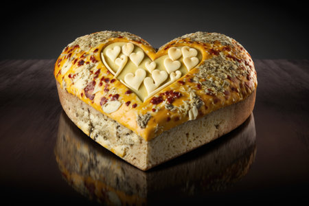 heart-shaped bread loaf with a crunchy and nutty crust, topped with slithers of melted cheese, created with generative aiの素材