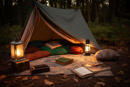 cozy campsite setup with lantern, warm blanket, and book for ultimate getaway, created with generative aiの素材