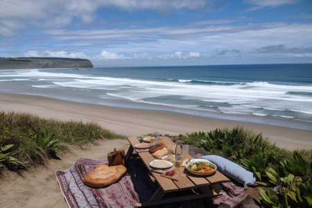 outdoor picnic with view of the beach, with sand and rolling waves in the background, created with generative aiの素材