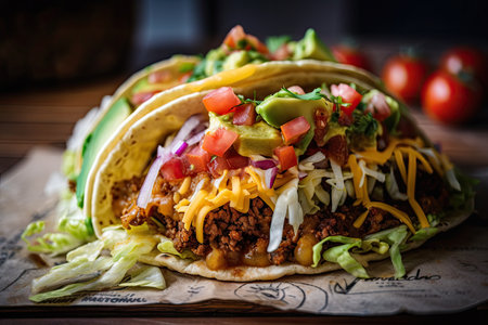 close-up of juicy taco, with fillings spilling out, created with generative aiの素材