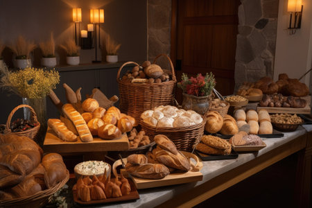 table of artisan breads, with variety of shapes and flavors for guests to enjoy, created with generative aiの素材