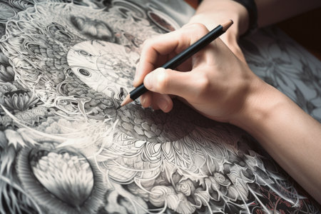 close-up of hand drawing intricate and detailed illustration, created with generative aiの素材