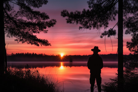 person, enjoying the view of alien sunrise, with trees and lakes in the background, created with generative aiの素材
