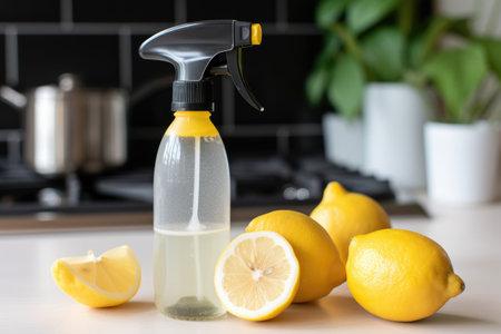 bottle of homemade lemon cleaner, with a spray nozzle attached, for easy and ecofriendly cleaning, created with generative aiの素材