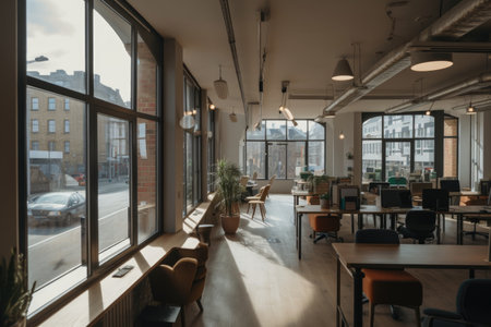 co-working space, with view of busy street and people passing by, created with generative aiの素材