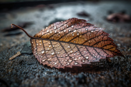 macro shot of fallen leaf, showcasing intricate details and textures, created with generative aiの素材