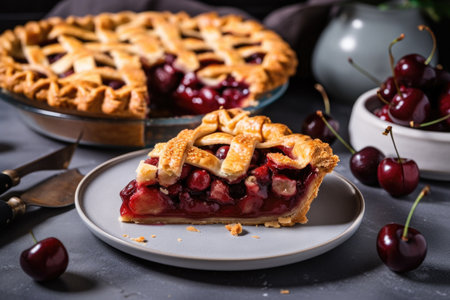 cherry pie on a white plate with slice cut out for serving, created with generative aiの素材