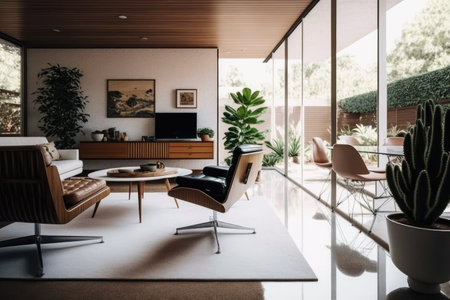 mid-century modern house, with sleek furnishings and minimalist decor, created with generative aiの素材