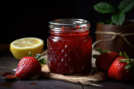 homemade strawberry jam, with hints of lemon and vanilla, in vintage jar, created with generative aiの素材