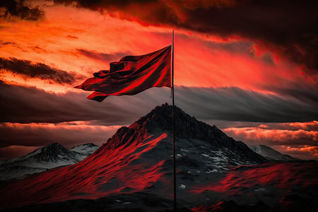 sunset over the peak with red flag, showing a dramatic and colorful sky, created with generative aiの素材