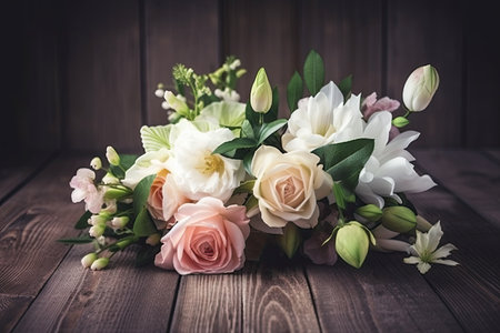 pastel flower bouquet on dark wooden background, created with generative aiの素材