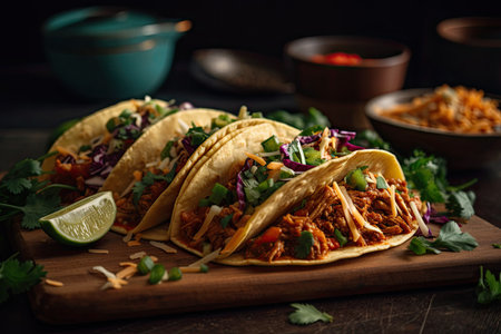 close-up of freshly made tacos with warm and inviting colors, created with generative aiの素材