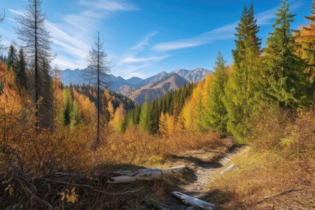 autumn forest hike with a view of mountain peaks and blue sky, created with generative aiの素材