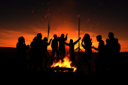 bonfire surrounded by the silhouettes of people laughing and dancing, created with generative aiの素材