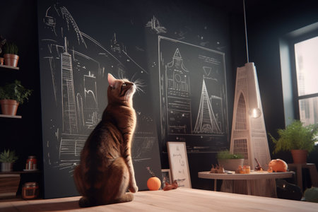 cat, with eye to the future, designs futuristic skyscrapers and buildings on chalkboard, created with generative aiの素材