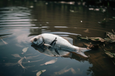 dead fish floating on the surface of a polluted river, created with generative aiの素材