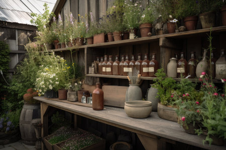 apothecary garden, with herbs, flowers and other plants used for healing, created with generative aiの素材