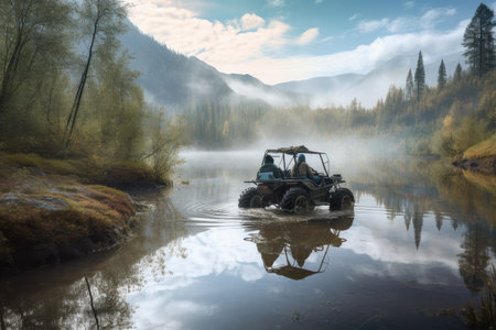 off-road vehicle with fisherman in the wilderness, surrounded by serene waters, created with generative aiの素材