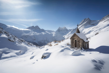 mountain chapel in winter, with view of snow-covered peaks and frozen lakes, created with generative aiの素材
