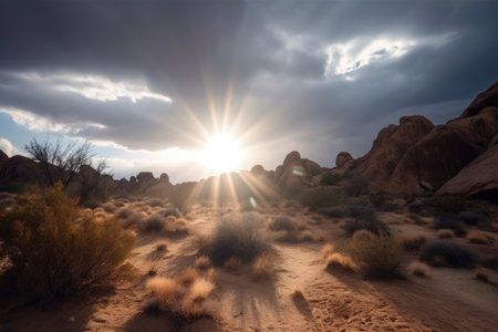 arid desert landscape with rock formations and sun rays shining through the clouds, created with generative aiの素材