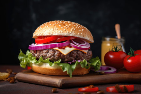 classic burger served with thinly sliced pickles, fresh tomato slice and red onion, created with generative aiの素材