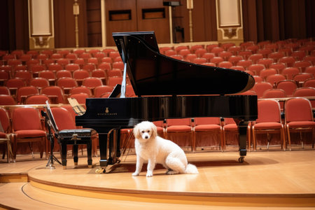 dog playing violin and cat playing the piano in a grand concert hall, created with generative aiの素材