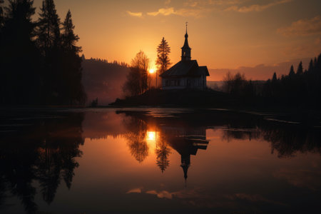 reflection of sunset on the lake and chapel in mountains, with silhouette of trees, created with generative aiの素材