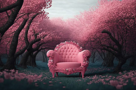 pink armchair surrounded by blooming cherry blossom trees in full bloom, created with generative aiの素材