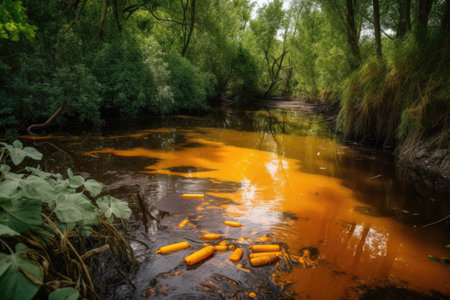 toxic waste spill in a natural setting, with dead fish and vegetation visible, created with generative aiの素材