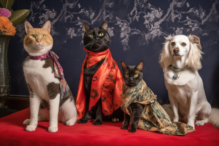 feline and canine models posing in their latest designs on red carpet event, created with generative aiの素材