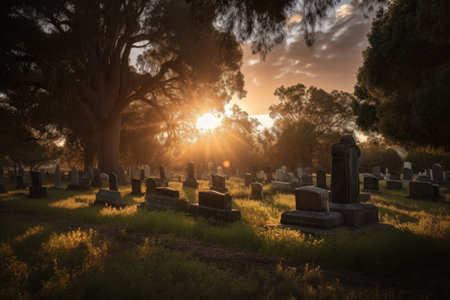 cemetery, with the sun setting behind the headstones, casting a warm and peaceful glow, created with generative aiの素材
