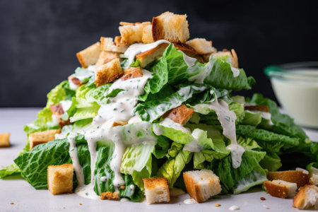 pile of chopped romaine, croutons, and creamy caesar dressing, created with generative aiの素材