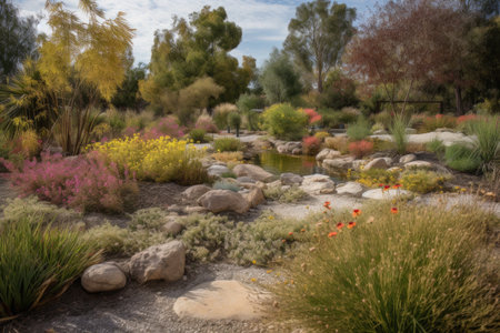 vibrant garden of drought-tolerant and native plants, with a waterfall and pond, created with generative aiの素材