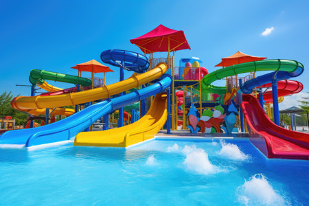 water park with vibrant and colorful slides, surrounded by blue waters, created with generative aiの素材