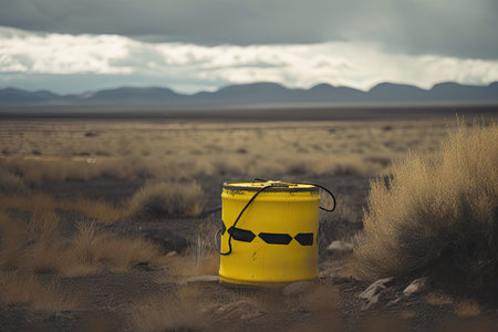black metal cask, wrapped in yellow and black radiation warning tape, sitting on barren landscape, created with generative aiの素材