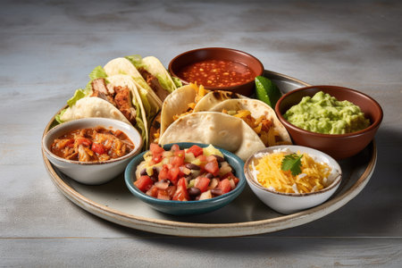 plate of assorted tacos, burritos, and nachos with spicy salsa and fresh guacamole, created with generative aiの素材