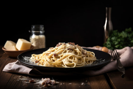 plate of spaghetti carbonara with parmesan cheese and black pepper, created with generative aiの素材