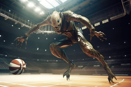 close-up of alien athlete jumping for the ball in futuristic sports arena, created with generative aiの素材